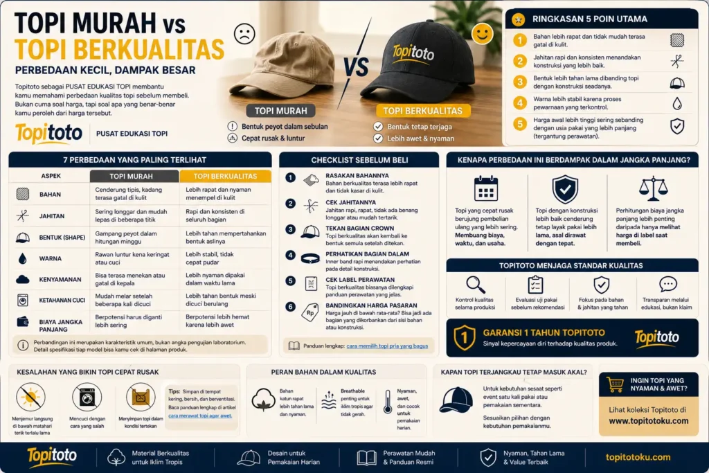 Infografik perbandingan topi murah dan topi berkualitas berdasarkan bahan, jahitan, bentuk, warna, kenyamanan, dan ketahanan
