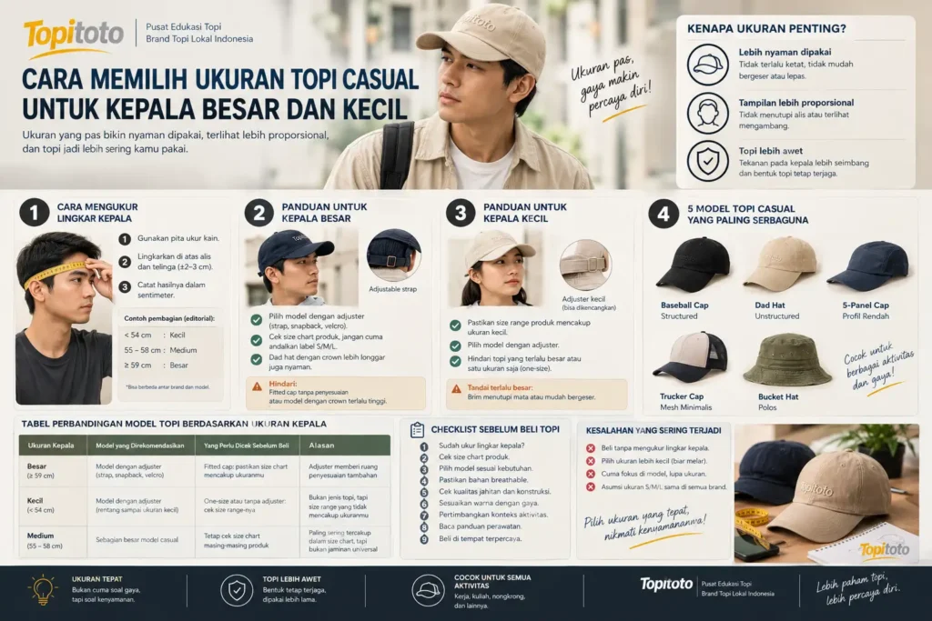 Cara memilih ukuran topi casual untuk kepala besar dan kecil dengan panduan mengukur lingkar kepala dari Topitoto