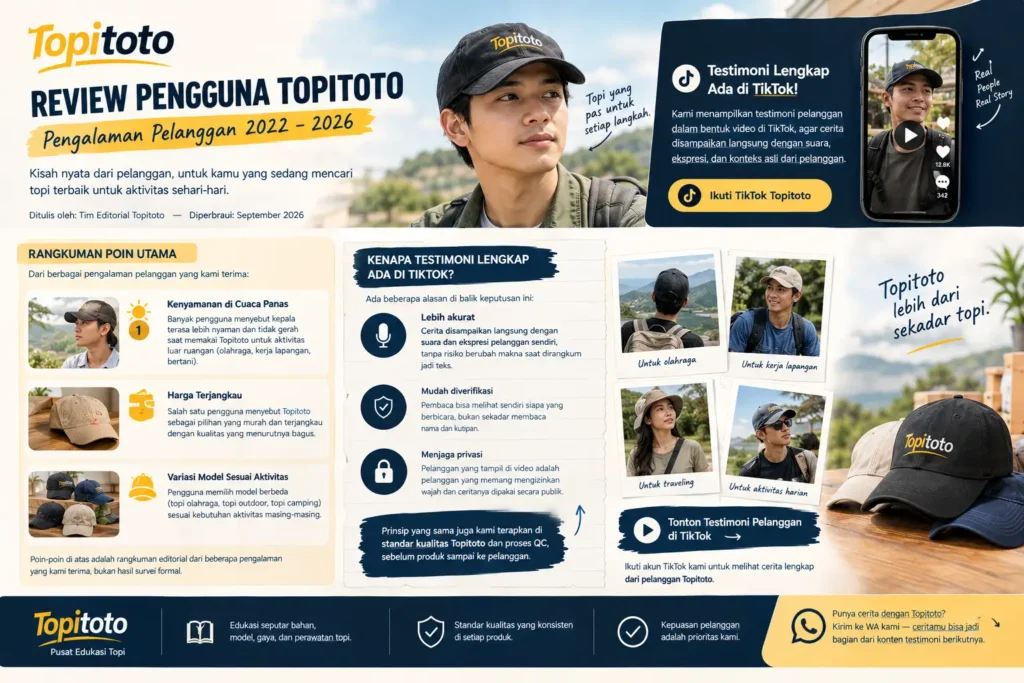 Ilustrasi review pengguna Topitoto 2022–2026 dengan topi untuk aktivitas harian dan outdoor